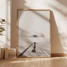 Airplane Landing Poster, Aviation Wall Art, Black & White Travel Print, Aircraft Over Ocean Artwork, Pilot Gift, Minimalist Decor - thumbnail 3