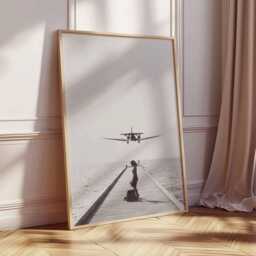 Airplane Landing Poster, Aviation Wall Art, Black & White Travel Print, Aircraft Over Ocean Artwork, Pilot Gift, Minimalist Decor - thumbnail 2