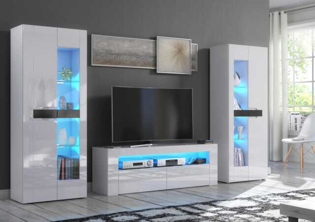Furneo High Gloss & Matt White Living Room Set Tv Stand Display Cabinets Milclif 13 Led Lights - image 1