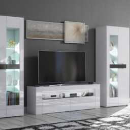 Furneo High Gloss & Matt White Living Room Set Tv Stand Display Cabinets Milclif 13 Led Lights - thumbnail 2