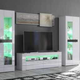 Furneo High Gloss & Matt White Living Room Set Tv Stand Display Cabinets Milclif 13 Led Lights - thumbnail 3