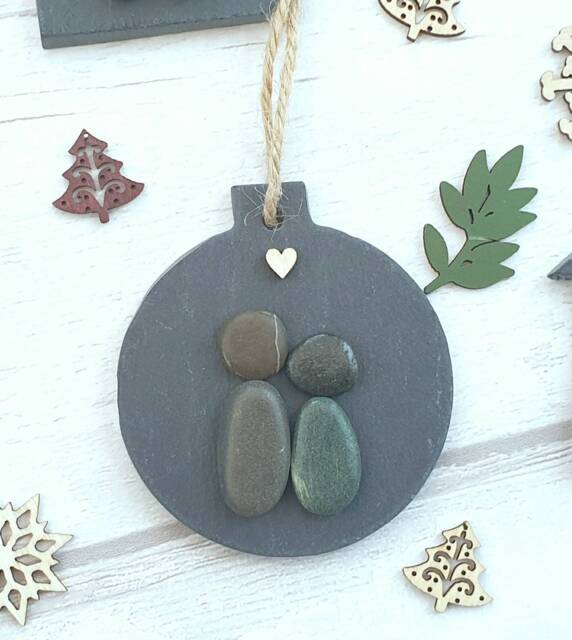 Christmas Bauble Ornament, Pebble Art Gift For Wife, Unique Slate Xmas Parents, 1st Christmas Mini Size 7cm/2.7 Inches - image 1