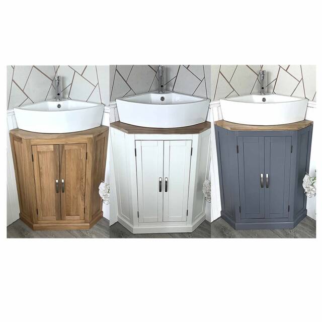 Bathroom Vanity Unit Free Standing Solid Oak, White Or Grey Painted Corner Cabinet 501B - image 1