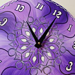 Violet Riot Clock - Geometric Psychedelic Wall Made From Recycled Vinyl Record. Hand Painted Bohemian Home Decor in Purple & White - thumbnail 2
