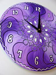 Violet Riot Clock - Geometric Psychedelic Wall Made From Recycled Vinyl Record. Hand Painted Bohemian Home Decor in Purple & White - thumbnail 1
