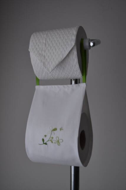 Fabric Storage Holder. Bath Decor. Embroidery Toilet Roll Holder. White - Green Clover . 1-2 - image 1