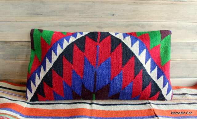 3060cm - 1224In Rectangle Lumbar Vintage Kilim Cushion Cover Handwoven - Strong Vibrant Colours Red Green Blue Aztec Style - image 1