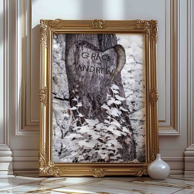 Carved Tree Personalized Art Print Couple's Names & Date Wall - image 1