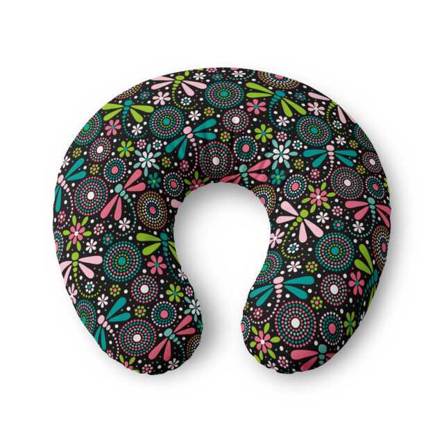 Floral Mandala Nursing Pillow Cover Black , Pink, Green Dragonfly Pattern - image 1