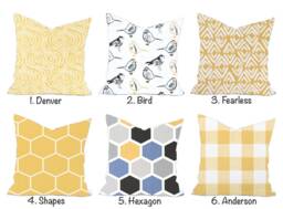 One High Quality Cover, Yellow Pillow Decorative Pillow, Blue Black Accent Bird Pillow, Mid Century - thumbnail 1