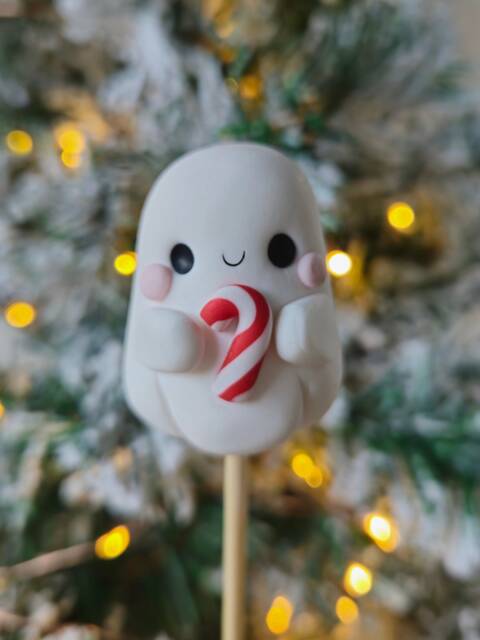 Ghost With Candycane, Keychain, Charm, Plant Pot Accessory, Figurine, Sculpture, Trinket, Handmade Clay Gifthalloween, Autumn, Fall