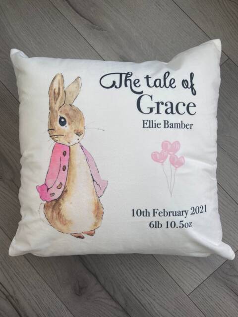 Personalised New Baby Cushion, The Tale Of Rabbit Flopsy , Gift For Baby, Keepsake Home Decor, Nursery, Baby Girl Christening - image 1