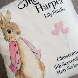 Personalised New Baby Cushion, The Tale Of Rabbit Flopsy , Gift For Baby, Keepsake Home Decor, Nursery, Baby Girl Christening - thumbnail 2