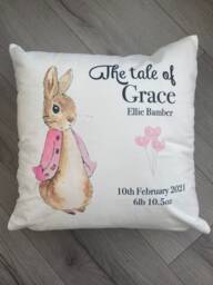 Personalised New Baby Cushion, The Tale Of Rabbit Flopsy , Gift For Baby, Keepsake Home Decor, Nursery, Baby Girl Christening - thumbnail 1