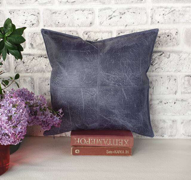 Smoky Blue Vegan Leather Pillow Cover Modern Farmhouse Throw Case - image 1