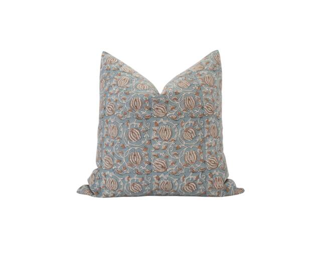 Celeste -- Designer Blue Floral Linen Pillow Cover Block Print Farmhouse Spring Muted Brown - image 1