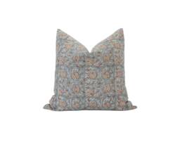 Celeste -- Designer Blue Floral Linen Pillow Cover Block Print Farmhouse Spring Muted Brown - thumbnail 1