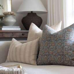 Celeste -- Designer Blue Floral Linen Pillow Cover Block Print Farmhouse Spring Muted Brown - thumbnail 2