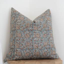 Celeste -- Designer Blue Floral Linen Pillow Cover Block Print Farmhouse Spring Muted Brown - thumbnail 3
