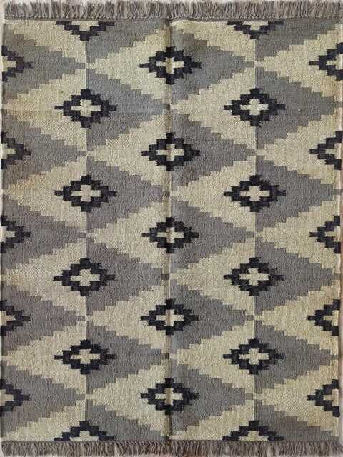 Bespoke Wool Jute Kilim Rug - Neutral Geometric Diamond Pattern Boho For Home Decor - image 1
