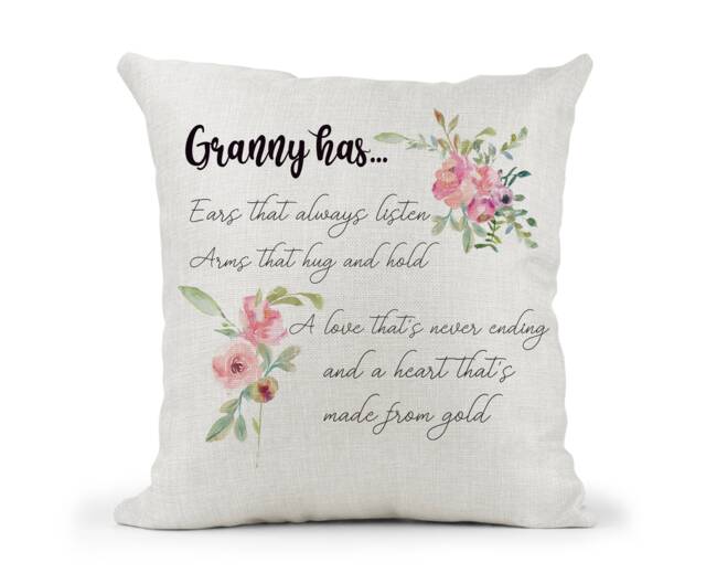 Personalised Cushion, Scatter Granny Has Ears That Always Listen, Birthday, Christmas, Gran Nan Nanny Gift Pink Floral - image 1