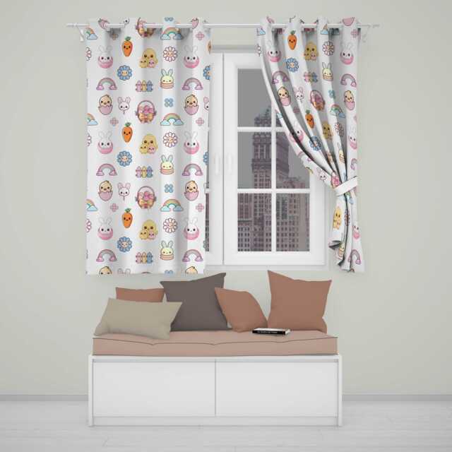 Cute Easter Chick Bunny Flower Fence Pastel Seamless Pattern Readymade Eyelet Ring Top Thermal 100% Blackout Curtains - image 1