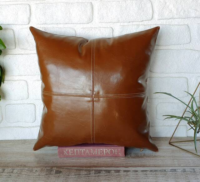 Brown Faux Leather Pillow Cover - Modern Home Decor, 16x16 Inch - image 1