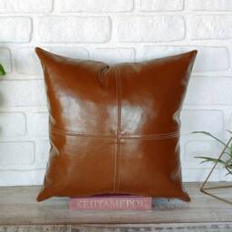 Brown Faux Leather Pillow Cover - Modern Home Decor, 16x16 Inch - thumbnail 2