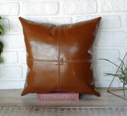 Brown Faux Leather Pillow Cover - Modern Home Decor, 16x16 Inch - thumbnail 1