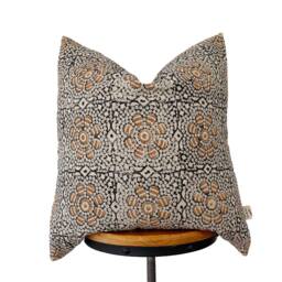 Hand Block Print Linen Pillow Cover Black & Tan Floral - thumbnail 1