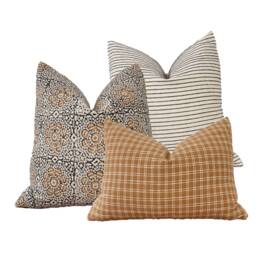 Hand Block Print Linen Pillow Cover Black & Tan Floral - thumbnail 4