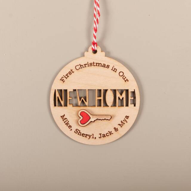 Personalized New Home Key Christmas Ornament Laser Engraved & Cut Wood Bauble Keepsake - image 1