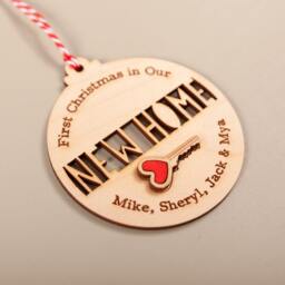 Personalized New Home Key Christmas Ornament Laser Engraved & Cut Wood Bauble Keepsake - thumbnail 2