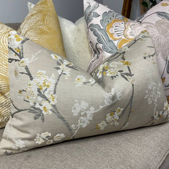 Blossom Cushion Cover, Pillowcase in Mustard Beige Floral Pillow, Countryside Home - Made UK John Lewis Designer Weave Furnishing Fabric - image 1