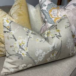 Blossom Cushion Cover, Pillowcase in Mustard Beige Floral Pillow, Countryside Home - Made UK John Lewis Designer Weave Furnishing Fabric - thumbnail 2
