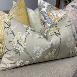 Blossom Cushion Cover, Pillowcase in Mustard Beige Floral Pillow, Countryside Home - Made UK John Lewis Designer Weave Furnishing Fabric - thumbnail 1