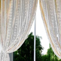 Beige Crochet Sheer Curtains, Farmhouse Cotton Knitted Drapes With Tassels , 1 Panel - thumbnail 2