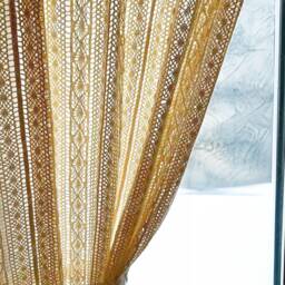 Beige Crochet Sheer Curtains, Farmhouse Cotton Knitted Drapes With Tassels , 1 Panel - thumbnail 1
