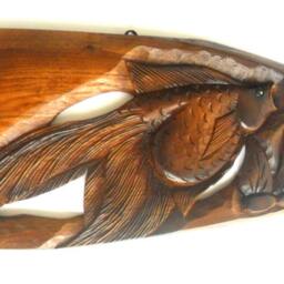"Handmade Natural Teak Wood Carving Lucky Fish Art Home Wall Hanging Decor Carved 17""x8.5" - thumbnail 2