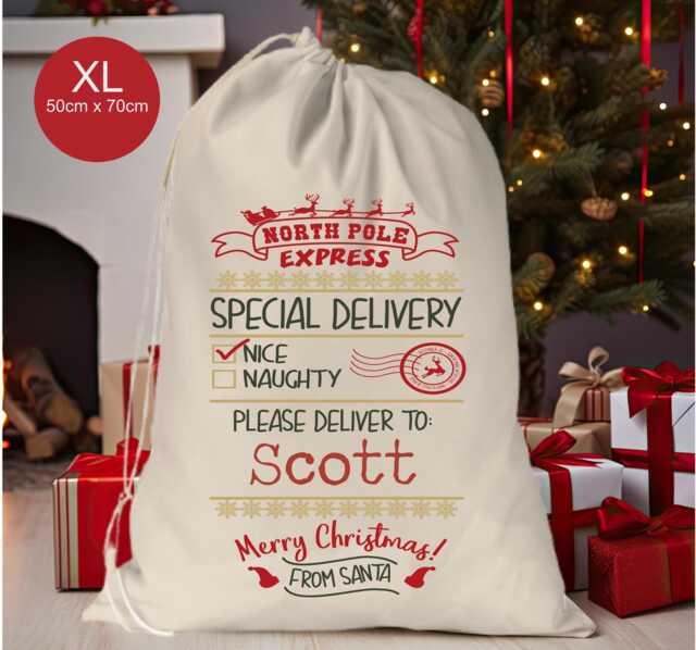 Personalised Xl Drawstring Christmas Sack/stocking North Pole Express Special Delivery Xmas Present Sack Gift Bag - image 1