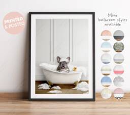Grey French Bulldog in A Bath Print, Bathing, Funny Bathroom Animal Bathtub, Dog Tub Whimsy - thumbnail 1