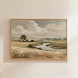 River Meadow Poster, Neutral Landscape Print, Country Wall Art, Paper - thumbnail 1