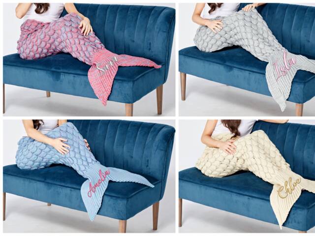 Personalised Custom Embroidered Mermaid Blanket Hand Knitted Tail Gift Party Kids Adult Girls Womens Birthday - image 1