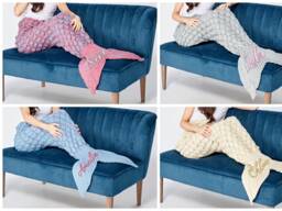 Personalised Custom Embroidered Mermaid Blanket Hand Knitted Tail Gift Party Kids Adult Girls Womens Birthday - thumbnail 1