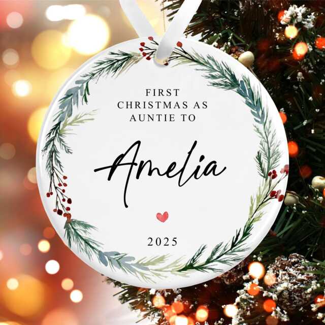First Christmas As Auntie To Baby Bauble - Ceramic Winter Wreath Ornament Any Family Relation Decoration With Personalised Names - image 1