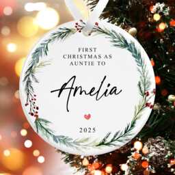 First Christmas As Auntie To Baby Bauble - Ceramic Winter Wreath Ornament Any Family Relation Decoration With Personalised Names - thumbnail 1