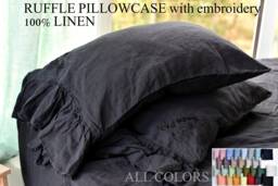 Linen Pillow Case With Ruffles Embroidery Stone Washed 100% Linen Queen King Standard Bedding Body King - thumbnail 1