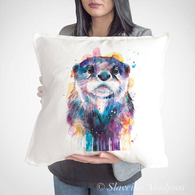 Otter Throw Pillow Cover By Slaveika Aladjova, Cushion Cover, Decorative Pillow Cover, Animal Art, Watercolor Pillow, Christmas Gift - image 1