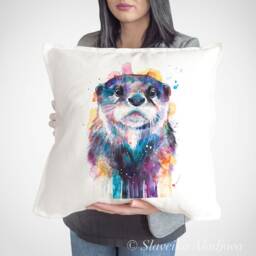 Otter Throw Pillow Cover By Slaveika Aladjova, Cushion Cover, Decorative Pillow Cover, Animal Art, Watercolor Pillow, Christmas Gift - thumbnail 1