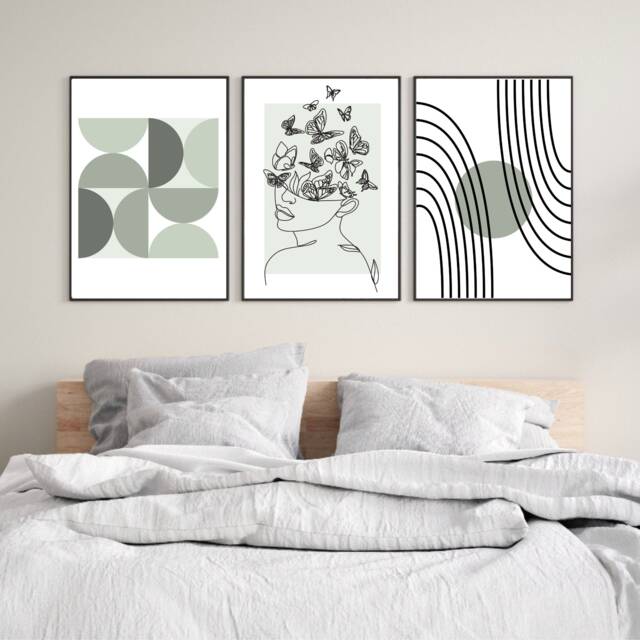 Set Of 3 Bedroom Prints, Wall Posters, Home Decor, Art, Line Art Sage Green Decor - image 1